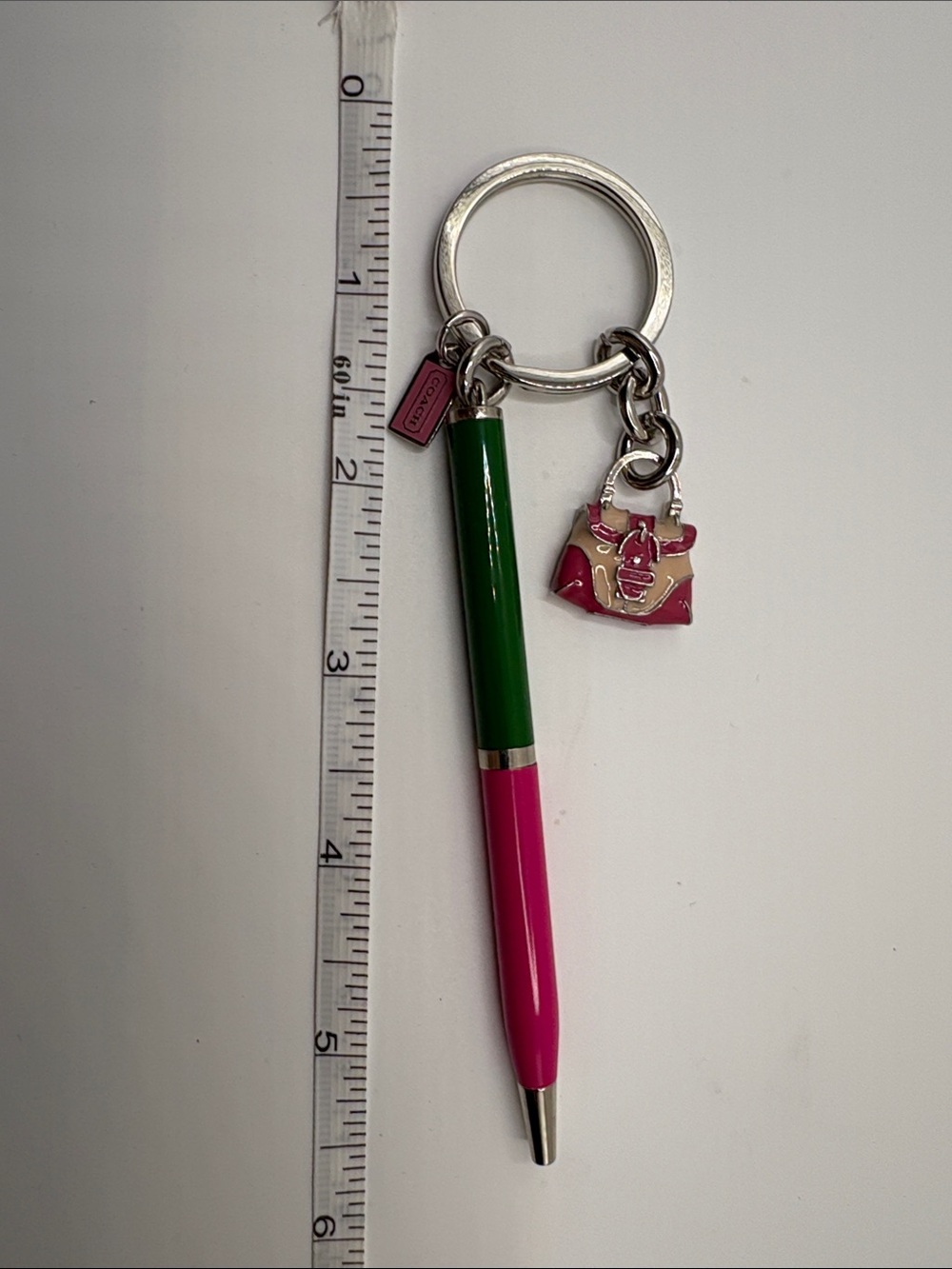 Coach Pink and Green Mini Pen Keychain with Purse Charm